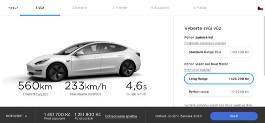 auto elektromobil Tesla Model 3 Cena v ČR